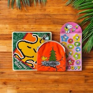 Vintage Peanuts Snoopy Lot – Camp Snoopy Sign, Woodstock Pouch, Sticker Sheet